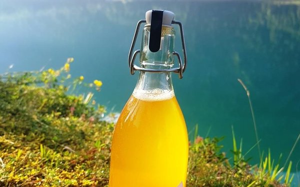 Eine Flasche AlpPine Latschensirup in der Natur vor einem See.
